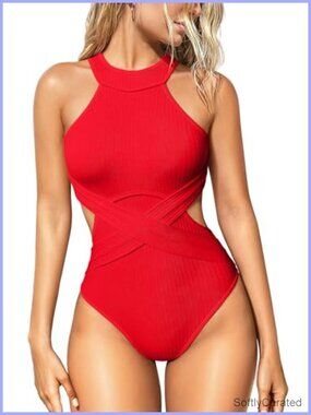Tummy Control High Waisted Cross Bathing Suit Wrap Tie Back One Piece Swim